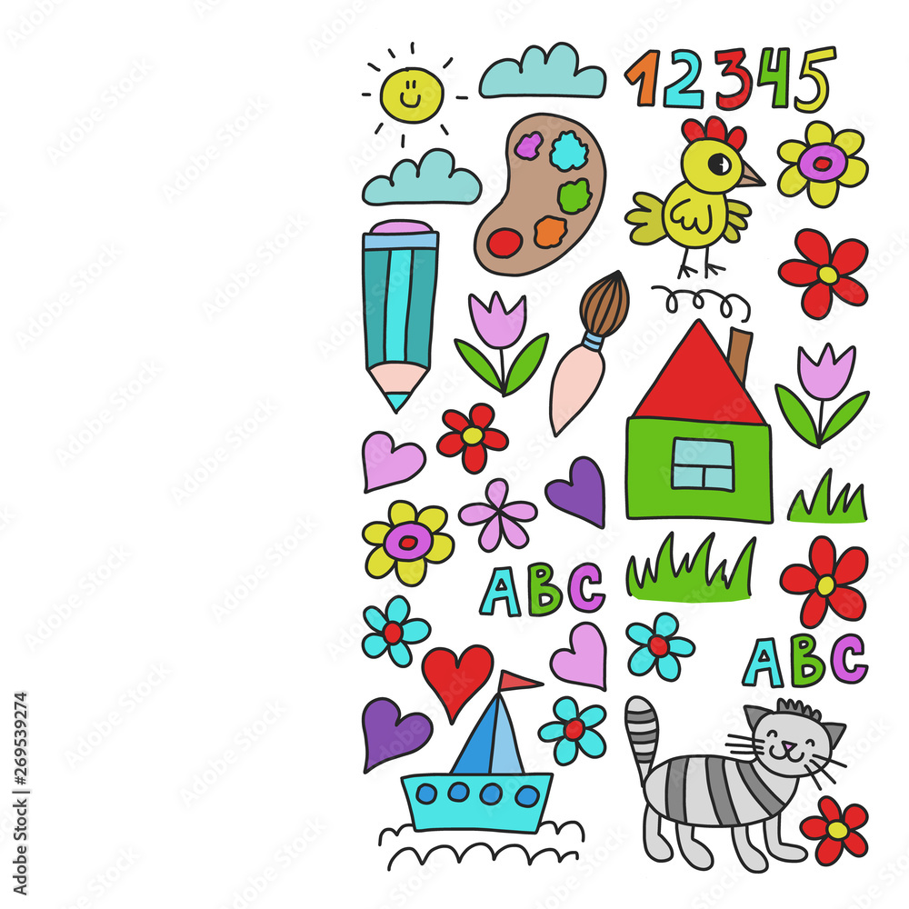 Fototapeta premium Kindergarten pattern, drawn kids garden elements pattern, doodle drawing, vector illustration, colorful.
