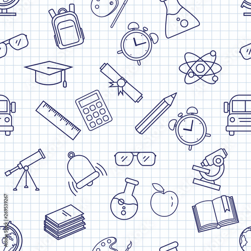 Vector Seamless Pattern with Outline School Icons on Squared Paper Background