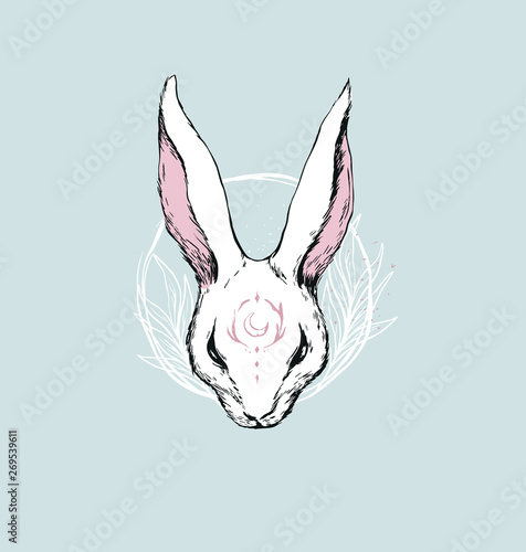 Hand drawn white rabbit illustration print design