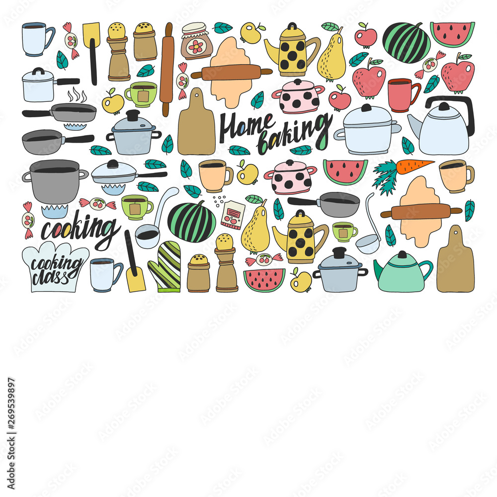 Vector set of children's kitchen and cooking drawings icons in doodle style. Painted, colorful, pictures on a piece of paper on white background. Vector set of children's kitchen and cooking drawings icons in doodle style. Painted, colorful, pictures on a piece of paper on white background.