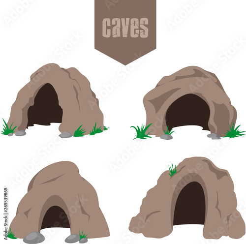 Simple cave entrance icons set with some grass