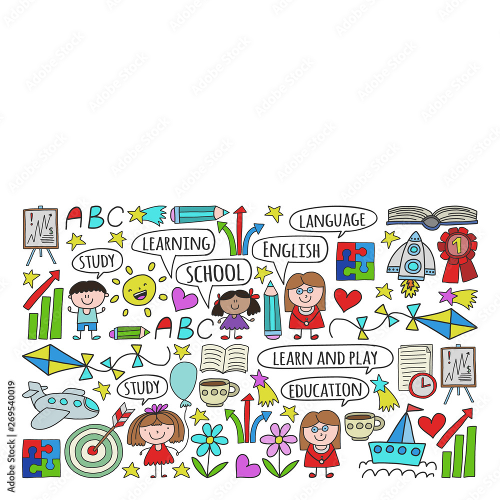 Vector set of learning English language, children's drawing icons in doodle style. Painted, colorful, pictures on a piece of paper on white background. Vector set of learning English language, children's drawing icons in doodle style. Painted, colorful, pictures on a piece of paper on white background.