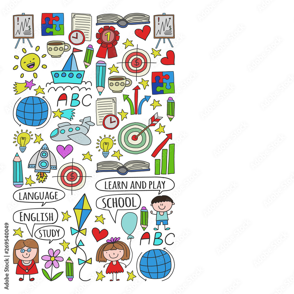 Vector set of learning English language, children's drawing icons in doodle style. Painted, colorful, pictures on a piece of paper on white background.