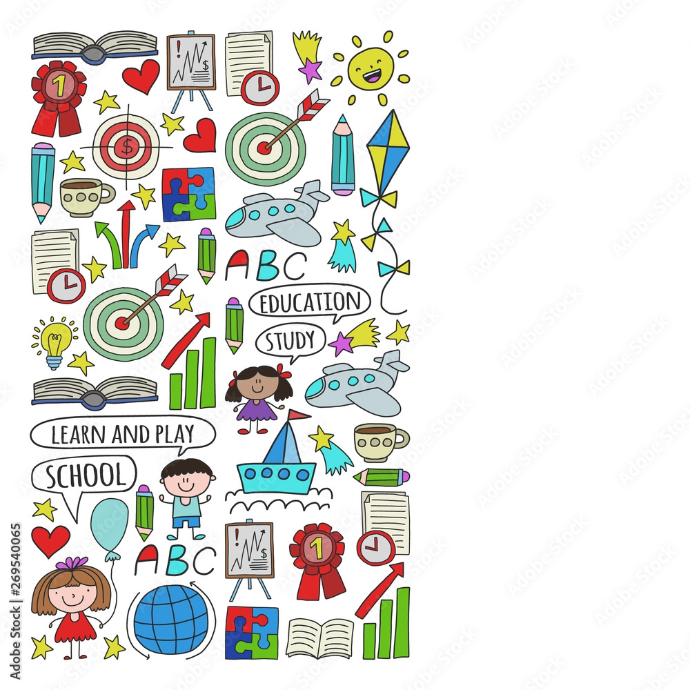 Vector set of learning English language, children's drawing icons in doodle style. Painted, colorful, pictures on a piece of paper on white background. Vector set of learning English language, children's drawing icons in doodle style. Painted, colorful, pictures on a piece of paper on white background.