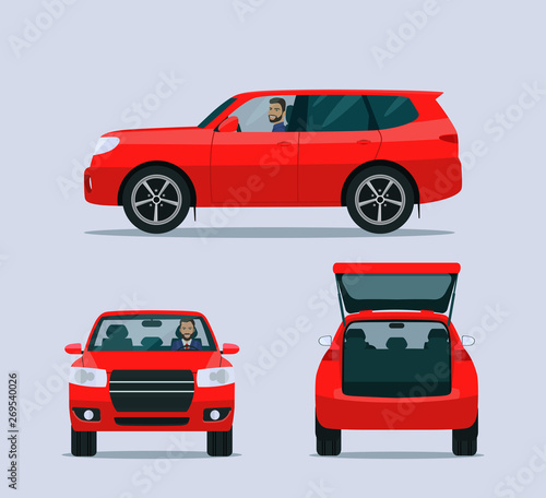 Red SUV car isolated. Car with driver man side view, back view and front view. Vector flat style illustration