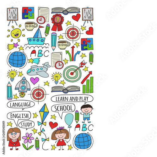 Vector set of learning English language  children s drawing icons in doodle style. Painted  colorful  pictures on a piece of paper on white background.