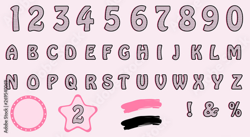 Cute  polka dots 3D english alphabet letters and number set. Vector LOL girly doll surprise style. Happy birthday banner text with hot pink shadow. 