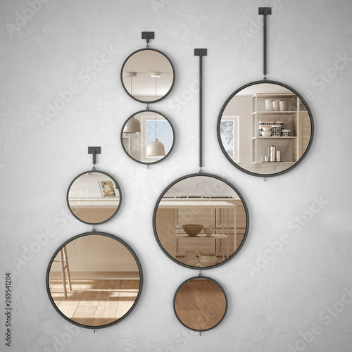 Round mirrors hanging on the wall reflecting interior design scene, minimalist white and wooden kitchen, modern architecture concept idea