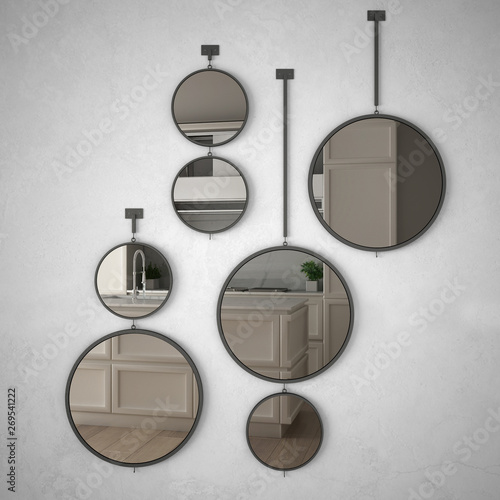 Round mirrors hanging on the wall reflecting interior design scene, minimalist white and wooden kitchen, modern architecture concept idea © ArchiVIZ