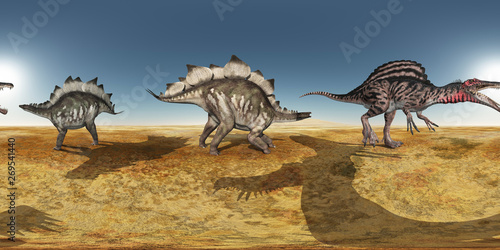 360 Grad Panorama mit den Dinosauriern Stegosaurus und Spinosaurus in einer W  ste