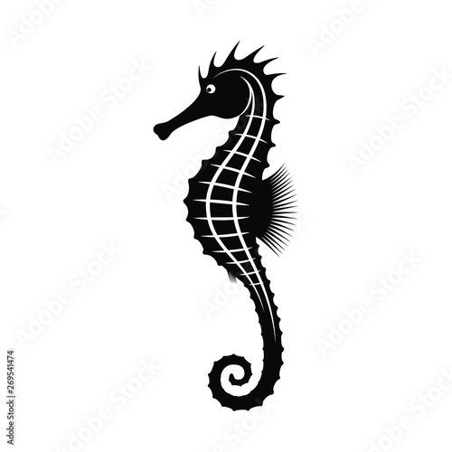 Seahorse graphic icon. Sea life symbol. Black silhouette seahorse isolated on white background. Seahorse high detailed sign. Tattoo. Vector illustratio