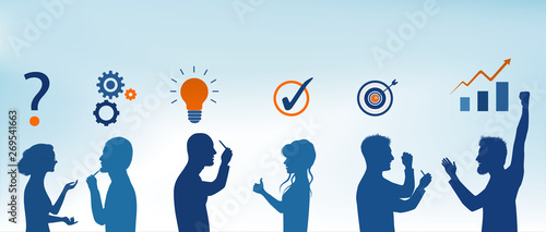 Concept problem solving team. Business solution. Analysis and finding a solution to the problems. Strategy and success. Client service. Silhouette people in blue profile.Sharing idea