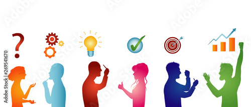 Concept problem solving team. Business solution. Analysis and finding a solution to the problems. Strategy and success. Client service. Silhouette isolated people in profile.Sharing idea