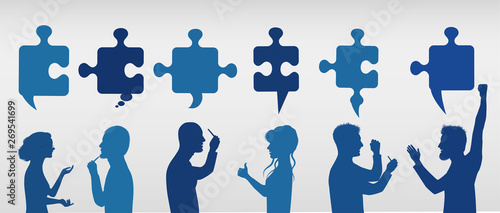 Profile people gesturing with puzzle pieces. Business solution. Concept problem solving team. Strategy and success. Client service. Sharing idea. Blue