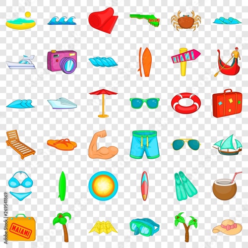 Vacation icons set. Cartoon style of 36 vacation vector icons for web for any design
