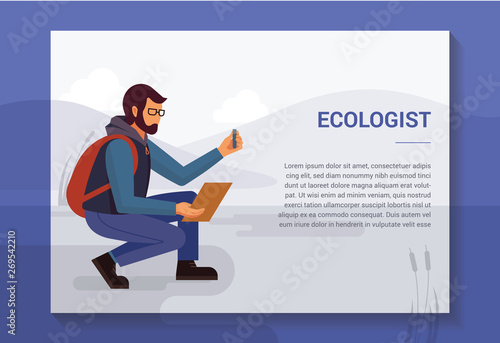 Design concept with an illustration of a bearded man in glasses and with a backpack ecologist in nature, who takes samples from the reservoir. There is a place for text.