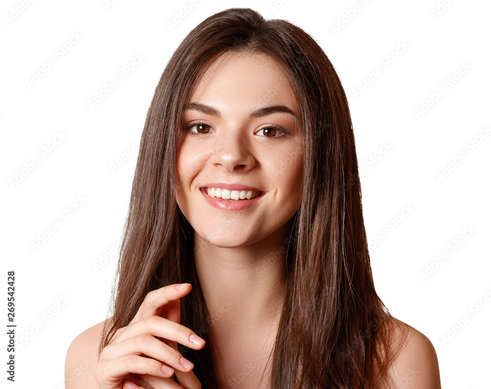 beauty portrait of a young beautiful brunette girl with brown eyes and straight long flowing hair isolated on white background beauty portrait of a young beautiful brunette girl with brown eyes and straight long flowing hair isolated on white background