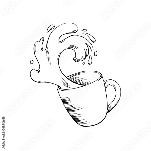 Coffee splashes in cup ink drawing