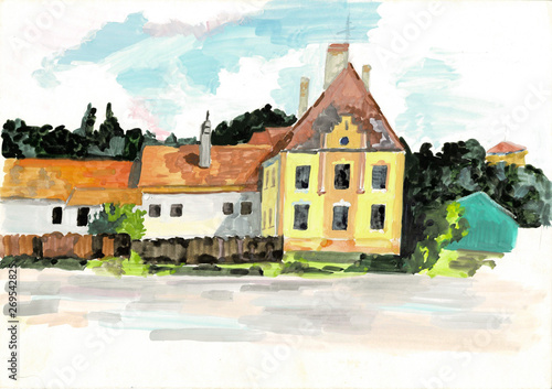 Street with houses and trees. Watercolor sketch.