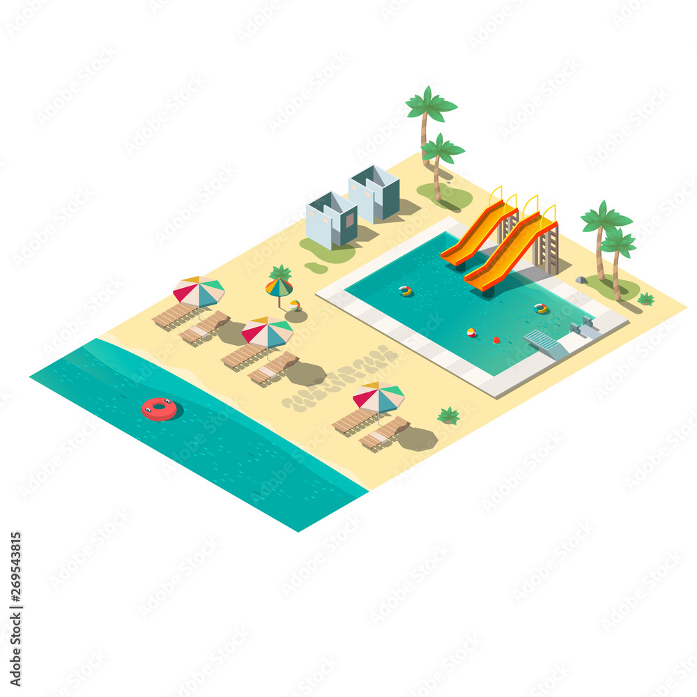 Tropical resort beach with swimming pool, lounge chairs, dressing cabins and inflatable rings in water isometric vector isolated on white background. Leisure and recreation infrastructure illustration
