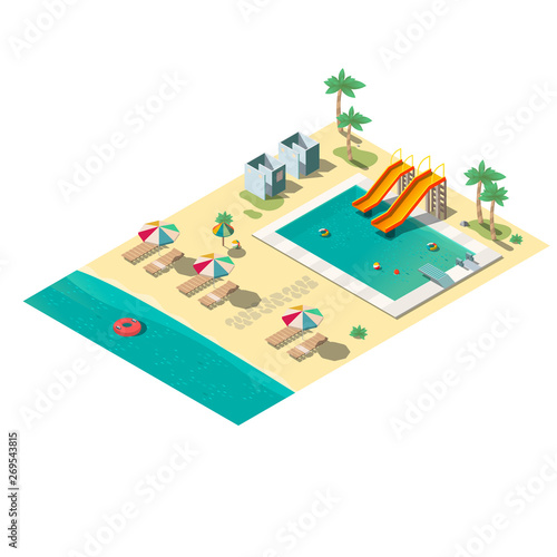 Tropical resort beach with swimming pool, lounge chairs, dressing cabins and inflatable rings in water isometric vector isolated on white background. Leisure and recreation infrastructure illustration