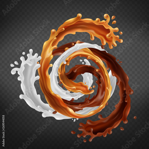 Splash of caramel, chocolate and milk mixed in swirl isolated on transparent background. Liquid dynamic droplets, pouring elements for package design, poster, promo ad Realistic 3d vector illustration
