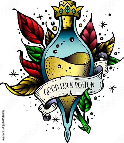 Witch and magic flask potion with crown,branches with leaves, decorative tape for your inscription.Vector illustration.Line art potion of good luck.Oldschool newschool vintage good luck tattoo sketch.