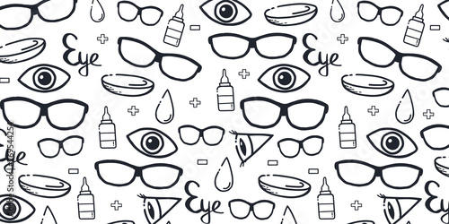 Banner for Optical Shop or Glasses clinic. Hand draw doodle background.