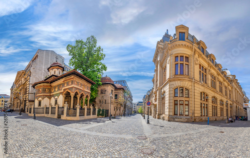 Old town of Bucharest. Stavropoleos monastery, St. Michael and Gabriel church in a summer day in Bucharest, Romania. photo