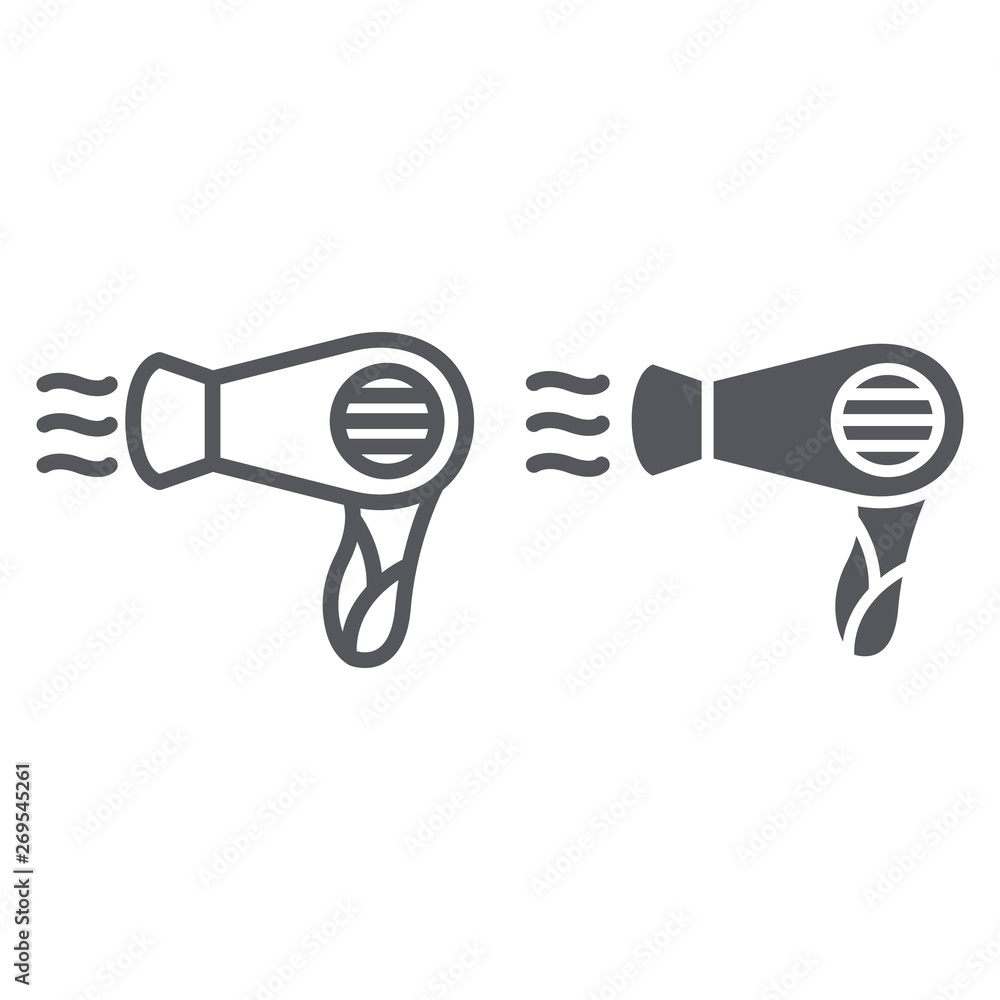 Hair dryer line and glyph icon, barber and appliance, blowdryer sign, vector graphics, a linear pattern on a white background. Hair dryer line and glyph icon, barber and appliance, blowdryer sign, vector graphics, a linear pattern on a white background.
