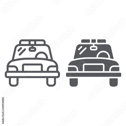 Police car line and glyph icon, vehicle and automobile, sheriff car sign, vector graphics, a linear pattern on a white background.