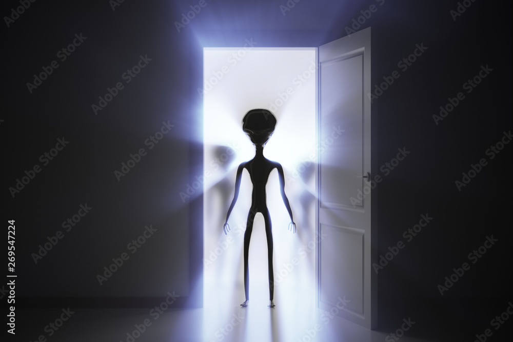 Spooky silhouettes of aliens standing in door. Bright light in b