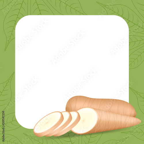 banner frame of cassava fresh for copy space, cassava cut slice for tapioca flour industry or ethanol, pile yucca cassava tuber on frame, raw manioc cassava on template banner green background empty