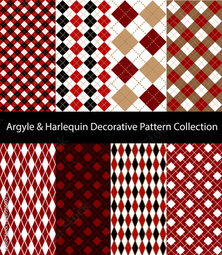 Collection of Argyle / Harlequin / Rhombus patterns. Red color decorative plaid backgrounds.