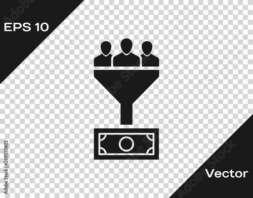Grey Lead management icon isolated on transparent background. Funnel with people, money. Target client business concept. Vector Illustration