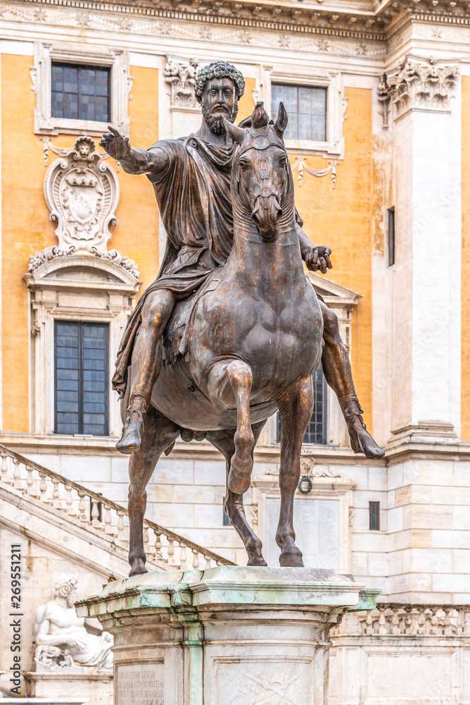 Equestrian statue of Emperor Marcus Aurelius on Piazza del Campidoglio, Capitoline Hill, Rome, Italy
