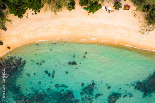 Long Beach on Koh Rong Samloem island in Cambodia, South-East Asia. top view, aerial view of beautiful tropical island in Gulf of Thailand. With copy space texture for holiday design background. photo