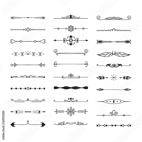 Set of vintage hand drawn vector dividers. Calligraphic lines, borders and laurels. Vector isolated ink elements.