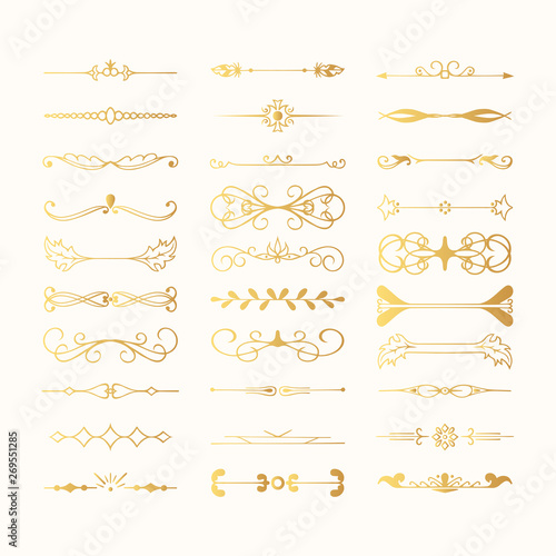Set of vintage hand drawn golden dividers and lines. Gold fancy borders and elegant laurels. Vector isolated flourish elements.