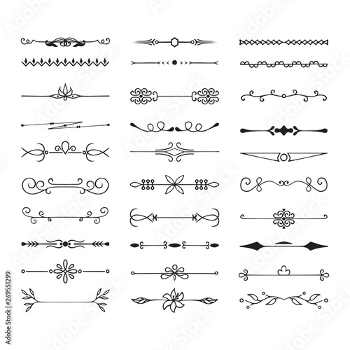 Hand drawn collection of vintage dividers and lines. Fancy borders and elegant laurels. Vector isolated flourish elements.