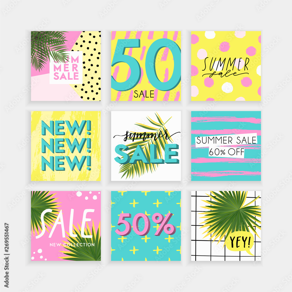 Summer Insta business, fashion, brand ad templates collection for posts and stories advertising. Social media trends textured patterns monstera palm leaves background. Bright tropical leaf vector 