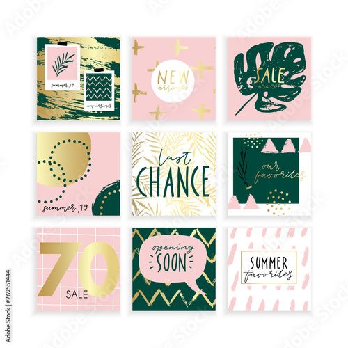 Summer Insta business, fashion, brand ad templates collection for posts and stories advertising.  Social media trends. Textured gold green pink palette, patterns background. Vector 