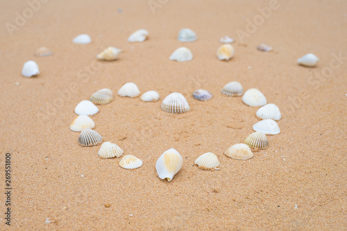 small seashells in the shape of a heart on a smooth sandy beach.