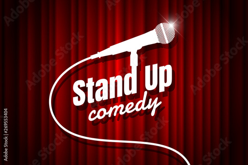 Stand up comedy night live show open mic on empty theatre stage. Microphone against red curtain backdrop. Vector art image illustration