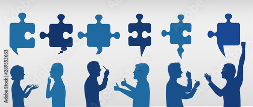 Profile people gesturing with puzzle pieces. Business solution. Concept problem solving team. Strategy and success. Client service. Sharing idea