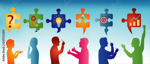 Puzzle pieces with problem solving symbols. Colored profile people gesturing. Business solution. Concept problem solving team. Strategy and success. Client service. Sharing idea