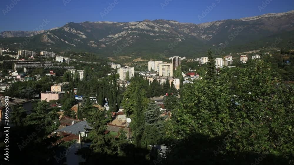Aerial panorama view of Yalta town in sunny winter day. Crimea. Aerial panorama view of Yalta town in sunny winter day. Crimea.