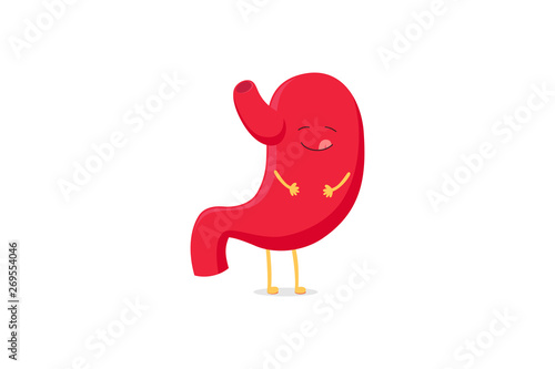 Cute cartoon stomach character funny healthy strong emoji happy smiling licking lips yummy emotion. Vector organ digestive system. Vector illustration