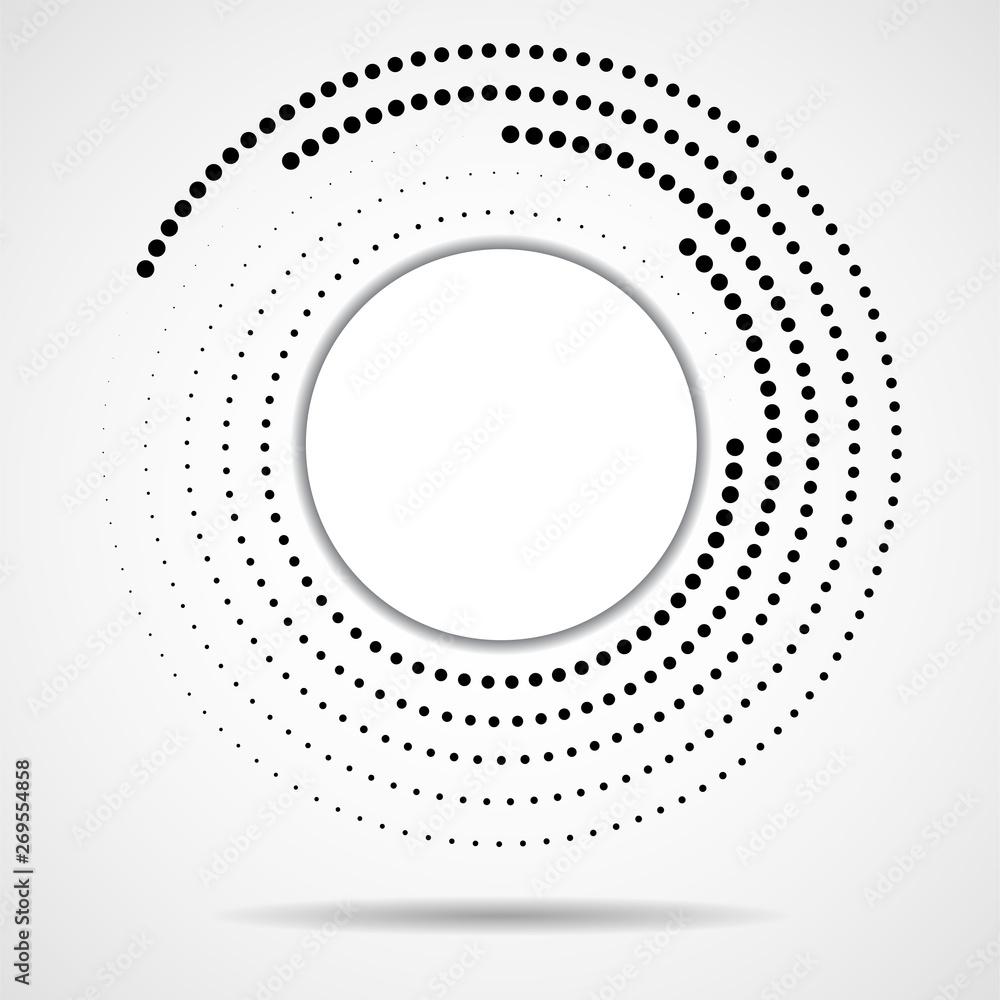 Abstract dotted circles, logo inside with shadow. Dots in circular form. Halftone effect