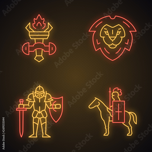 Medieval neon light icons set
